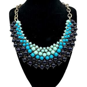 Blue and Gold Tone Bib Beaded Fashion Costume Jewelry Necklace